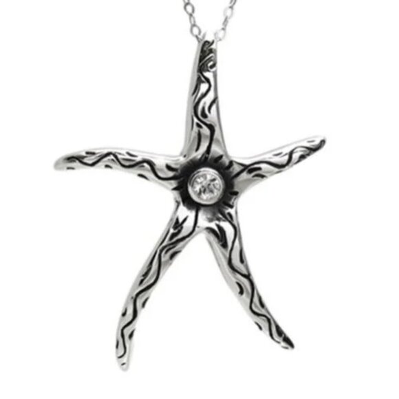 DETAILED STERLING SILVER SWIRL STARFISH PENDANT WITH CZ - Picture 1 of 1